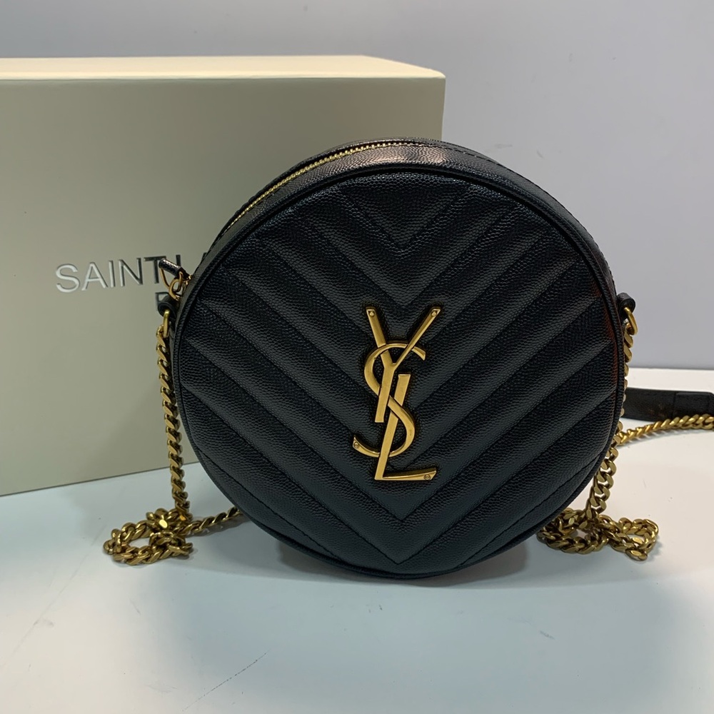 Yves Saint Laurent Black Round Quilted Camera Bag with Gold YSL Accent